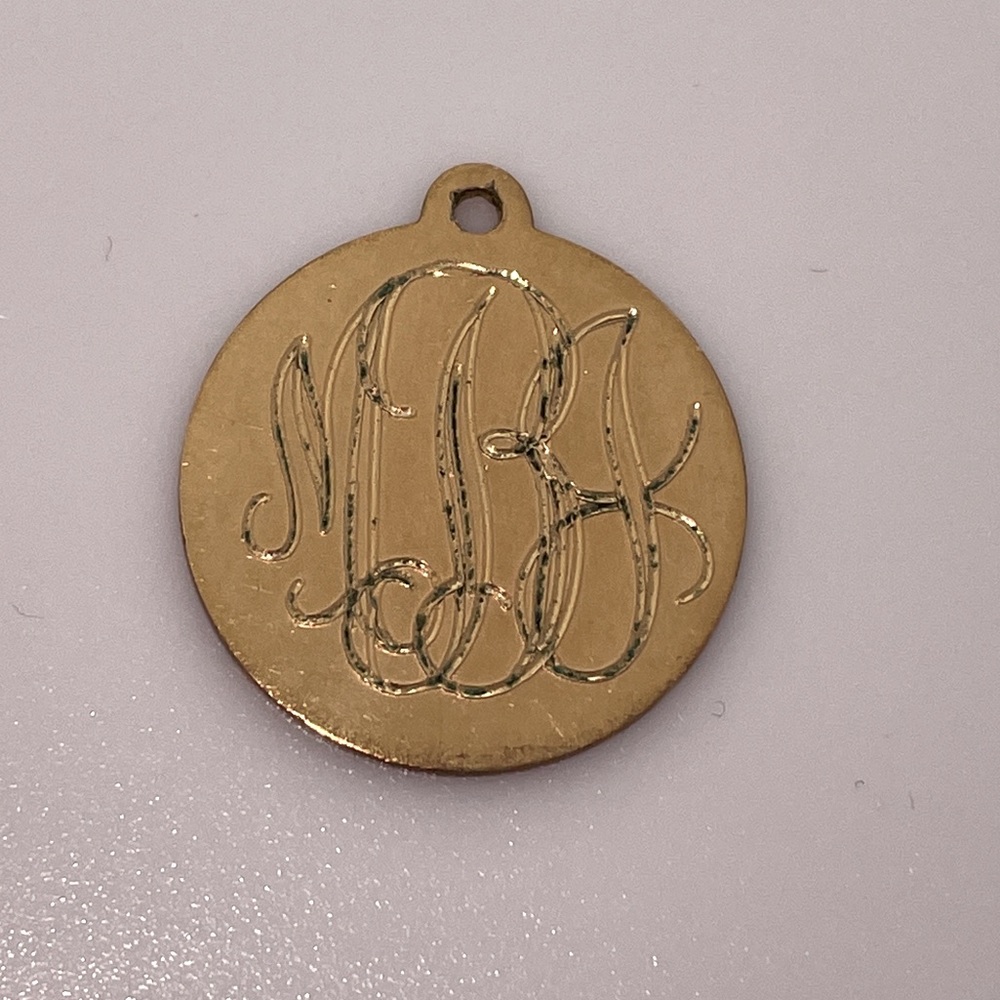 Vintage Yellow Gold Disc Charm Pendant M J B Engraved Monogram